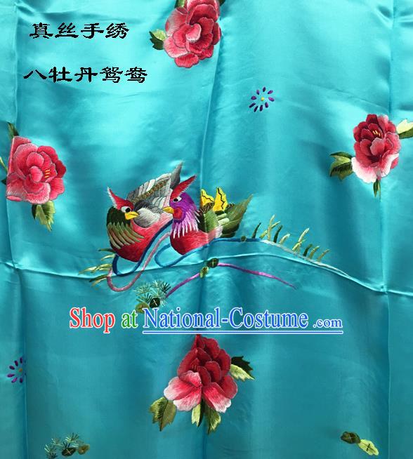 Traditional Asian Chinese Handmade Embroidery Mandarin Ducks Peony Quilt Cover Silk Tapestry Blue Fabric Drapery, Top Grade Nanjing Brocade Bed Sheet Cloth Material