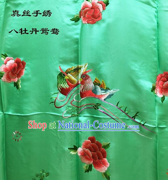 Traditional Asian Chinese Handmade Embroidery Mandarin Ducks Peony Quilt Cover Silk Tapestry Light Green Fabric Drapery, Top Grade Nanjing Brocade Bed Sheet Cloth Material