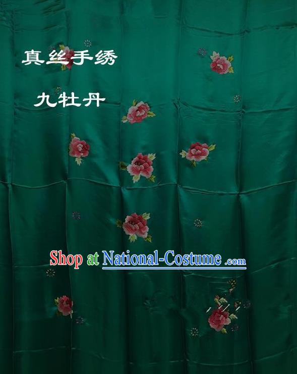 Traditional Asian Chinese Handmade Embroidery Ninth Peony Quilt Cover Silk Tapestry Deep Green Fabric Drapery, Top Grade Nanjing Brocade Bed Sheet Cloth Material