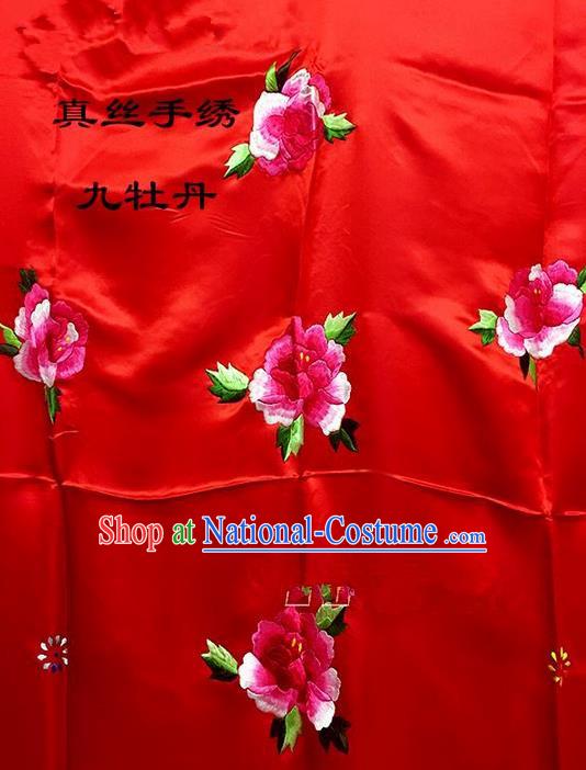 Traditional Asian Chinese Handmade Embroidery Ninth Peony Quilt Cover Silk Tapestry Deep Red Fabric Drapery, Top Grade Nanjing Brocade Bed Sheet Cloth Material