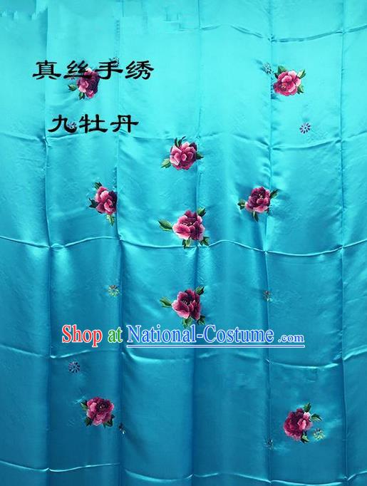 Traditional Asian Chinese Handmade Embroidery Ninth Peony Quilt Cover Silk Tapestry Deep Blue Fabric Drapery, Top Grade Nanjing Brocade Bed Sheet Cloth Material