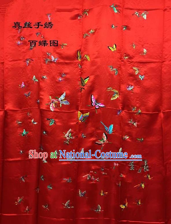 Traditional Asian Chinese Handmade Embroidery Hundred Butterfly Quilt Cover Silk Tapestry Red Fabric Drapery, Top Grade Nanjing Brocade Bed Sheet Cloth Material