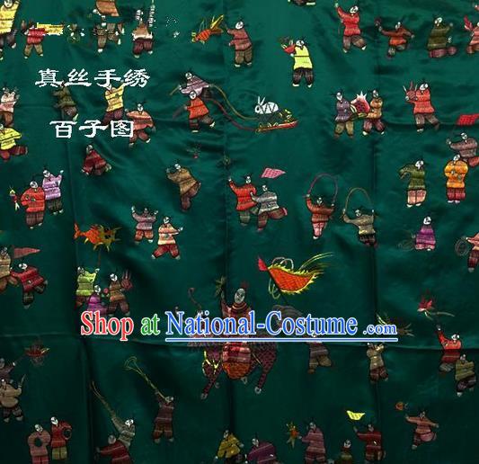 Traditional Asian Chinese Handmade Embroidery Hundred Sons Quilt Cover Silk Tapestry Deep Green Fabric Drapery, Top Grade Nanjing Brocade Bed Sheet Cloth Material