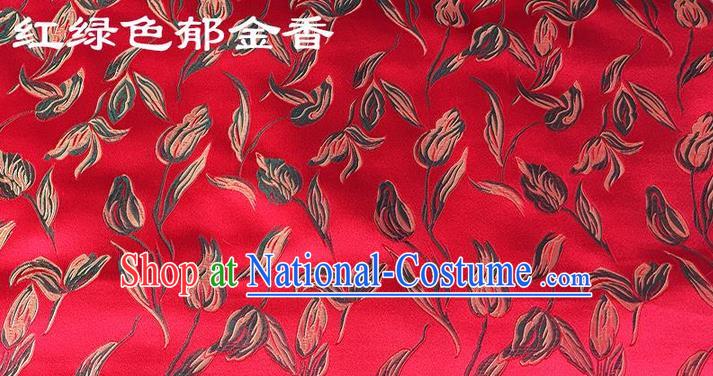 Traditional Asian Chinese Handmade Embroidery Tulip Silk Tapestry Tibetan Clothing Red Fabric Drapery, Top Grade Nanjing Brocade Cheongsam Cloth Material