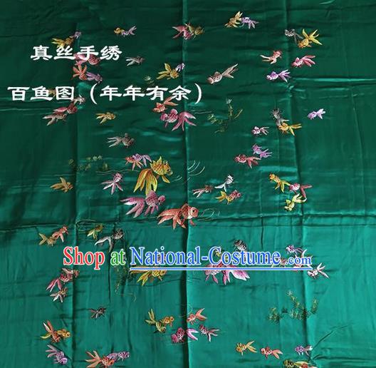 Traditional Asian Chinese Handmade Embroidery Fishes Quilt Cover Silk Tapestry Green Fabric Drapery, Top Grade Nanjing Brocade Bed Sheet Cloth Material