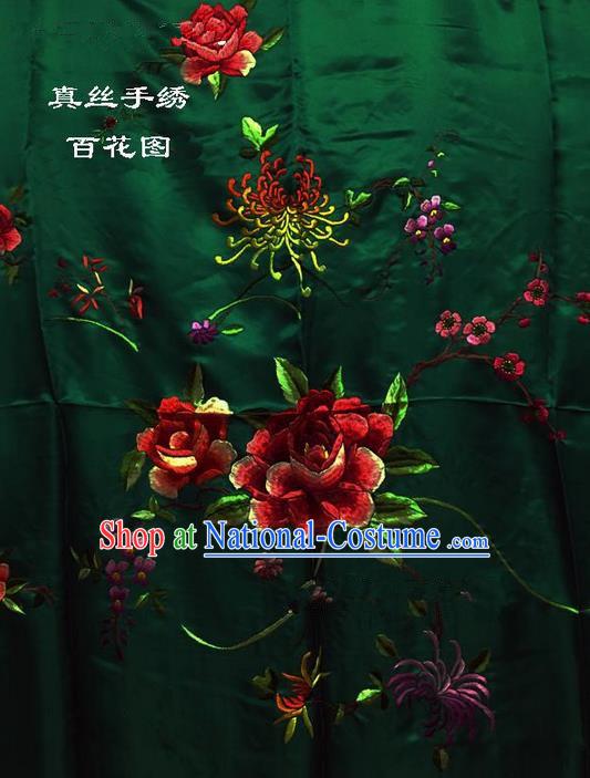 Traditional Asian Chinese Handmade Embroidery Hundred Flowers Quilt Cover Silk Tapestry Deep Green Fabric Drapery, Top Grade Nanjing Brocade Bed Sheet Cloth Material