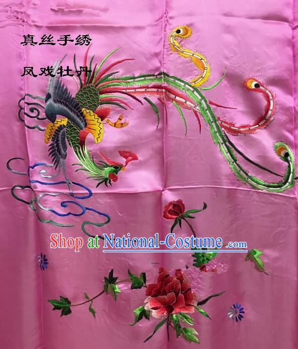 Traditional Asian Chinese Handmade Embroidery Phoenix Peony Quilt Cover Silk Tapestry Pink Fabric Drapery, Top Grade Nanjing Brocade Bed Sheet Cloth Material