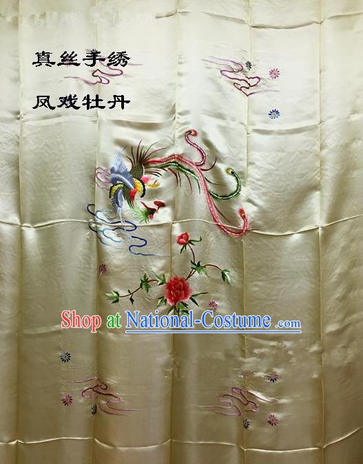 Traditional Asian Chinese Handmade Embroidery Phoenix Peony Quilt Cover Silk Tapestry Golden Fabric Drapery, Top Grade Nanjing Brocade Bed Sheet Cloth Material