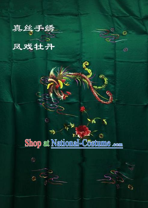 Traditional Asian Chinese Handmade Embroidery Phoenix Peony Quilt Cover Silk Tapestry Deep Green Fabric Drapery, Top Grade Nanjing Brocade Bed Sheet Cloth Material