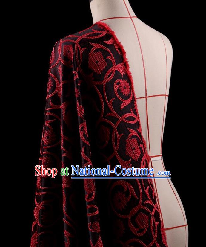 Traditional Asian Chinese Handmade Embroidery Red Flowers Coat Silk Tapestry Black Fabric Drapery, Top Grade Nanjing Brocade Ancient Costume Cheongsam Cloth Material