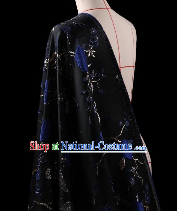 Traditional Asian Chinese Handmade Embroidery Flower Birds Jacquard Weave Coat Silk Tapestry Black Fabric Drapery, Top Grade Nanjing Brocade Ancient Costume Cheongsam Cloth Material