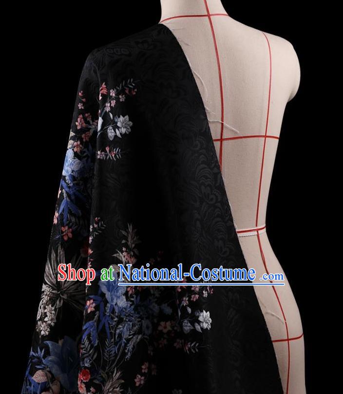 Traditional Asian Chinese Handmade Printing Flower Jacquard Weave Dress Black Silk Satin Fabric Drapery, Top Grade Nanjing Brocade Ancient Costume Cheongsam Cloth Material