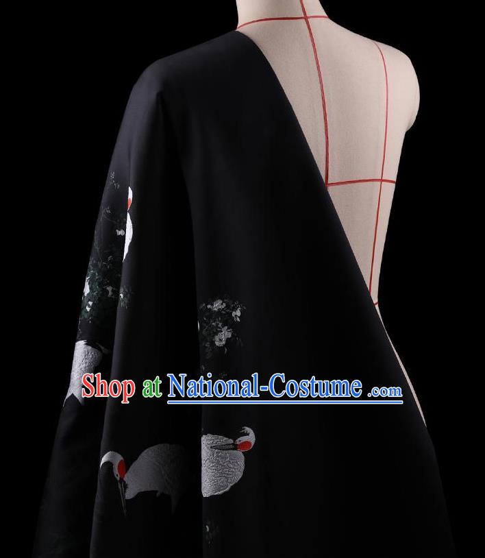 Traditional Asian Chinese Handmade Printing Cranes Dress Silk Satin Black Fabric Drapery, Top Grade Nanjing Brocade Ancient Costume Cheongsam Cloth Material