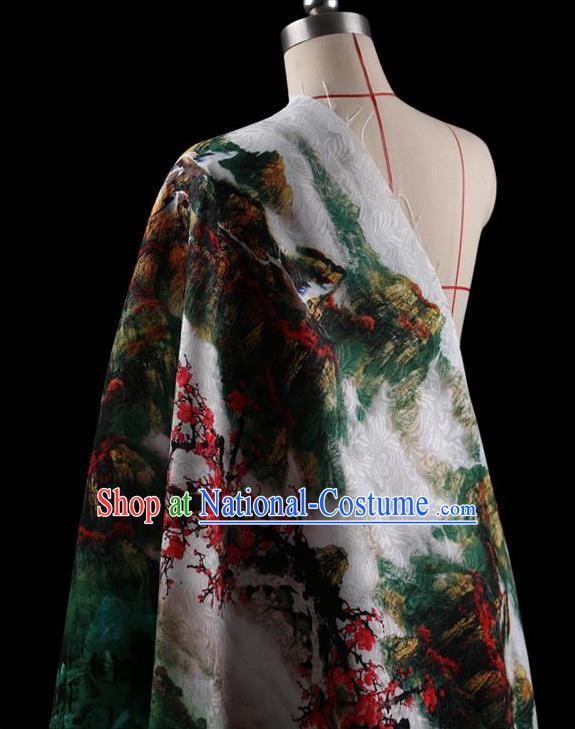 Traditional Asian Chinese Handmade Printing Landscape Dress Silk Satin Fabric Drapery, Top Grade Nanjing Brocade Ancient Costume Cheongsam Cloth Material