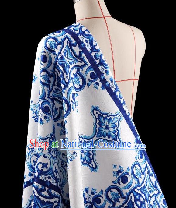 Traditional Asian Chinese Handmade Printing Blue and White Porcelain Dress Silk Satin Fabric Drapery, Top Grade Nanjing Brocade Ancient Costume Cheongsam Cloth Material