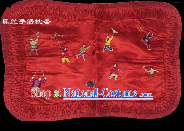 Traditional Asian Chinese Handmade Embroidery Silk Red Pillowslip, Top Grade Nanjing Brocade Pillow Cover