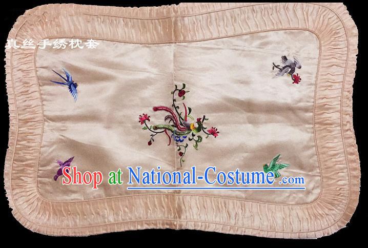 Traditional Asian Chinese Handmade Embroidery Phoenix Silk Pink Pillowslip, Top Grade Nanjing Brocade Pillow Cover