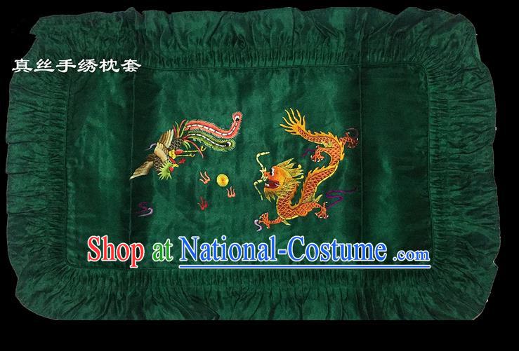 Traditional Asian Chinese Handmade Embroidery Dragon and Phoenix Silk Green Pillowslip, Top Grade Nanjing Brocade Pillow Cover