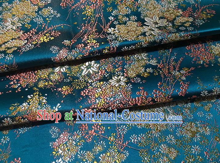 Traditional Asian Chinese Handmade Embroidery Oriental Cherry Silk Satin Tang Suit Blue Fabric Drapery, Nanjing Brocade Ancient Costume Hanfu Cheongsam Cloth Material