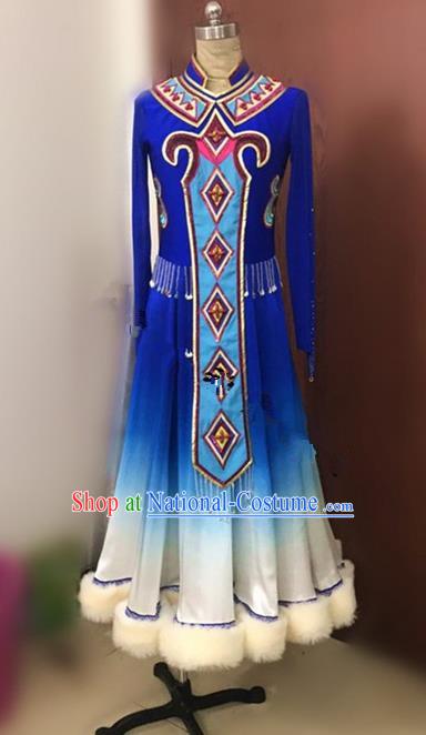 Traditional Chinese Uyghur Nationality Dancing Costume, Folk Dance Ethnic Blue Dress, Chinese Minority Nationality Uigurian Dance Costume for Women