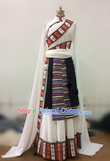 Traditional Chinese Zang Nationality Water Sleeve Dance Dress, Mongols Female Folk Dance Ethnic Pleated Skirt, Chinese Tibetan Minority Nationality Embroidery Costume for Women