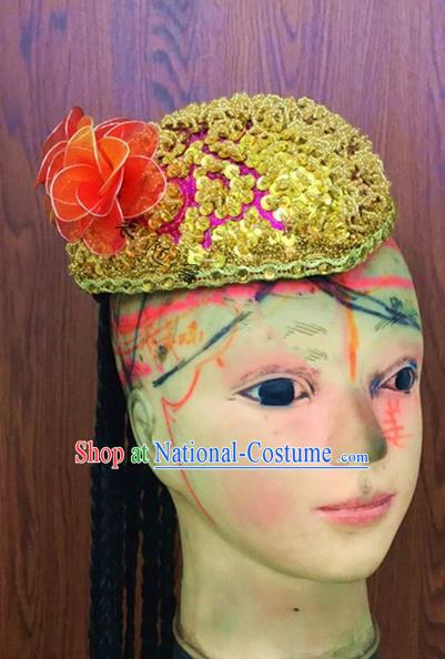 Traditional Chinese Uyghur Nationality Dance Red Hat, Folk Dance Ethnic Chinese Minority Nationality Uigurian Dance Headwear for Women