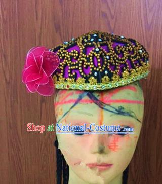 Traditional Chinese Uyghur Nationality Dance Rosy Hat, Folk Dance Ethnic Chinese Minority Nationality Uigurian Dance Headwear for Women