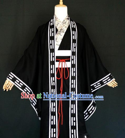 Asian Chinese Traditional Cospaly Zhuge Liang Costume, China Elegant Hanfu Swordsman Black Robe for Men