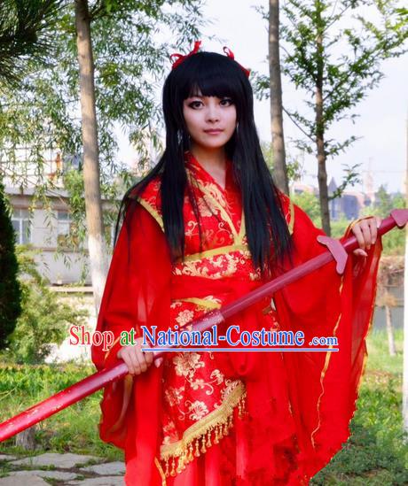 Asian Chinese Traditional Cospaly Swordswoman Wedding Costume, China Elegant Hanfu Bride Red Dress for Women