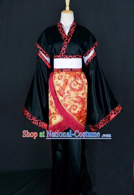 Asian Chinese Traditional Cospaly Han Dynasty Princess Costume, China Elegant Hanfu Fairy Black Dress for Women