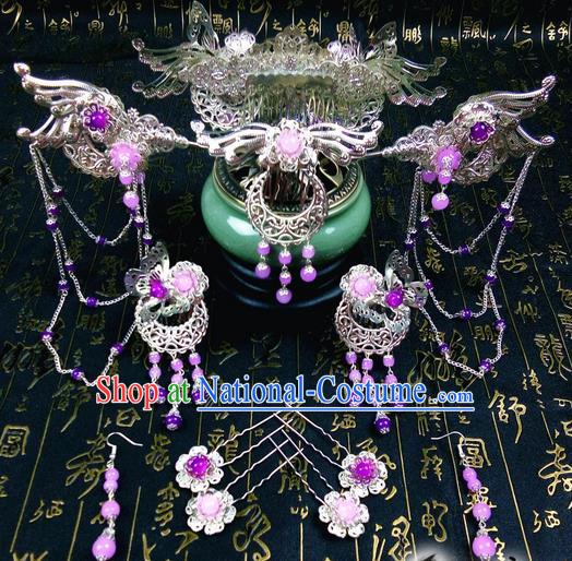 Traditional Handmade Chinese Ancient Classical Hair Accessories Complete Set, Phoenix Coronet Step Shake Tassel Hair Stick, Hair Fascinators Hairpins for Women