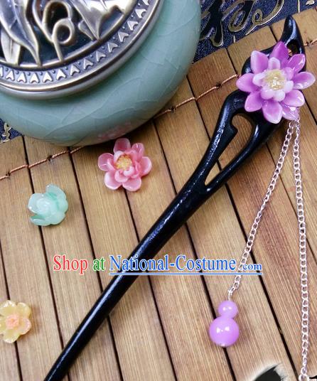 Traditional Handmade Chinese Ancient Classical Hair Accessories Peach Wood Hairpins, Purple Flower Tassel Step Shake Hair Stick Hair Fascinators for Women