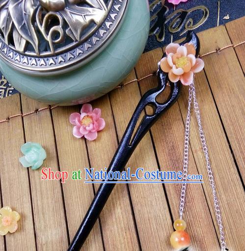 Traditional Handmade Chinese Ancient Classical Hair Accessories Peach Wood Hairpins, Orange Flower Tassel Step Shake Hair Stick Hair Fascinators for Women