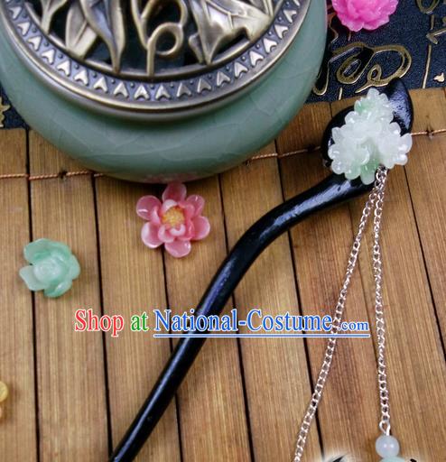 Traditional Handmade Chinese Ancient Classical Hair Accessories Peach Wood Hairpins, Green Flower Tassel Step Shake Hair Stick Hair Fascinators for Women