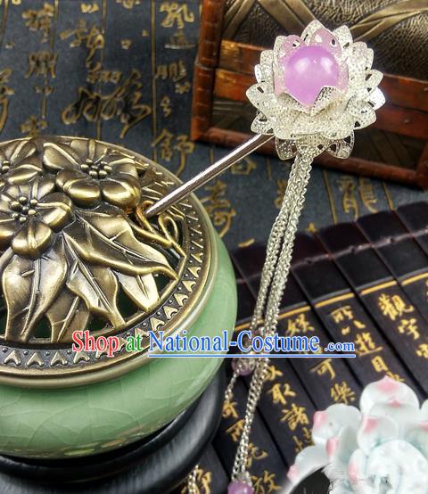 Traditional Handmade Chinese Ancient Classical Hair Accessories Lotus Hairpins, Pink Bead Tassel Step Shake Hair Stick Hair Fascinators for Women