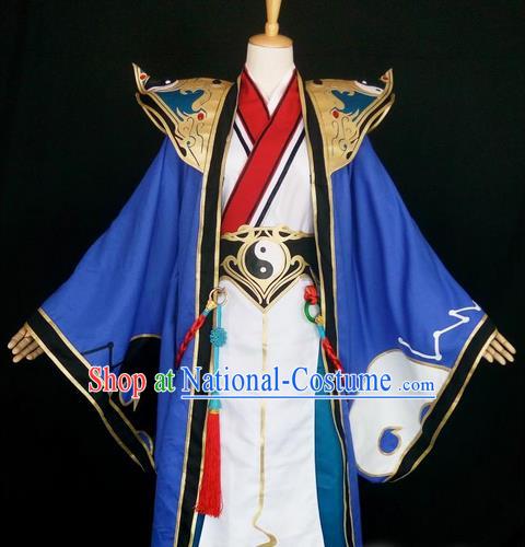 Asian Chinese Traditional Cospaly Han Dynasty Royal Prince Costume, China Elegant Hanfu Nobility Childe Blue Robe Clothing for Men