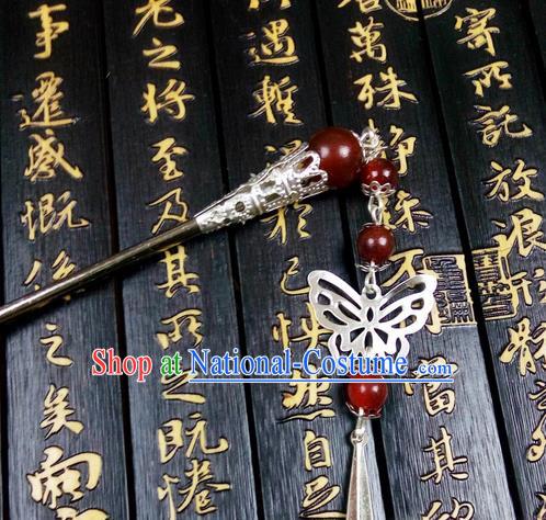 Traditional Handmade Chinese Ancient Classical Red Bead Hair Accessories, Step Shake Hair Sticks, Hair Fascinators Butterfly Hairpins for Women