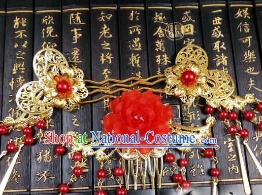 Traditional Handmade Chinese Ancient Classical Butterfly Hair Accessories Complete Set, Step Shake Hair Sticks, Hair Fascinators Golden Hairpins for Women