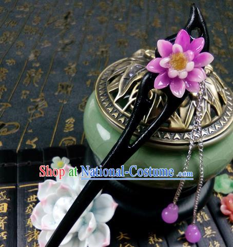 Traditional Handmade Chinese Ancient Classical Hair Accessories Ebony Hairpins, Princess Pink Peach Blossom Tassel Step Shake Headpiece for Women