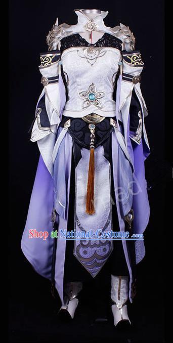 Asian Chinese Traditional Cospaly Costume Customization Female General Costume, China Elegant Hanfu Purple Dress Clothing for Women