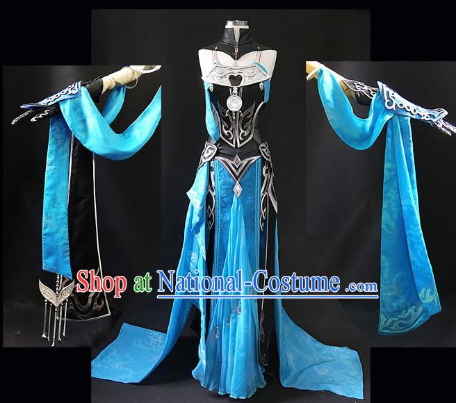 Asian Chinese Traditional Cospaly Costume Customization Swordswoman Costume, China Elegant Hanfu Peri Blue Dress Clothing for Women