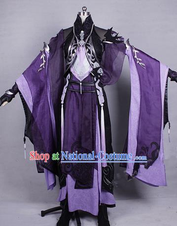 Asian Chinese Traditional Cospaly Costume Customization Zoroastrianism Witch Costume Complete Set, China Elegant Hanfu Swordswoman Purple Dress Clothing for Women