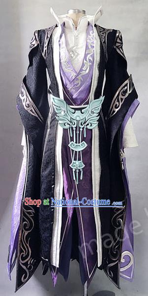 Asian Chinese Traditional Cospaly Costume Customization Refined Royal Highness Costume Complete Set, China Elegant Hanfu Swordsman Purple Clothing for Men