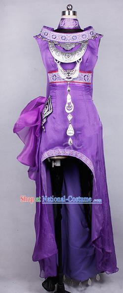 Asian Chinese Traditional Cospaly Costume Customization Ancient Miao Nationality Young Lady Costume Complete Set, China Elegant Hanfu Princess Purple Dress Clothing for Women