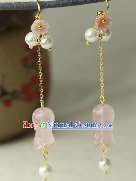 Chinese Ancient Style Hair Jewelry Accessories Wedding Imperial Consort Pink Petunia Earrings, Hanfu Xiuhe Suits Bride Handmade Brass Tassel Eardrop for Women