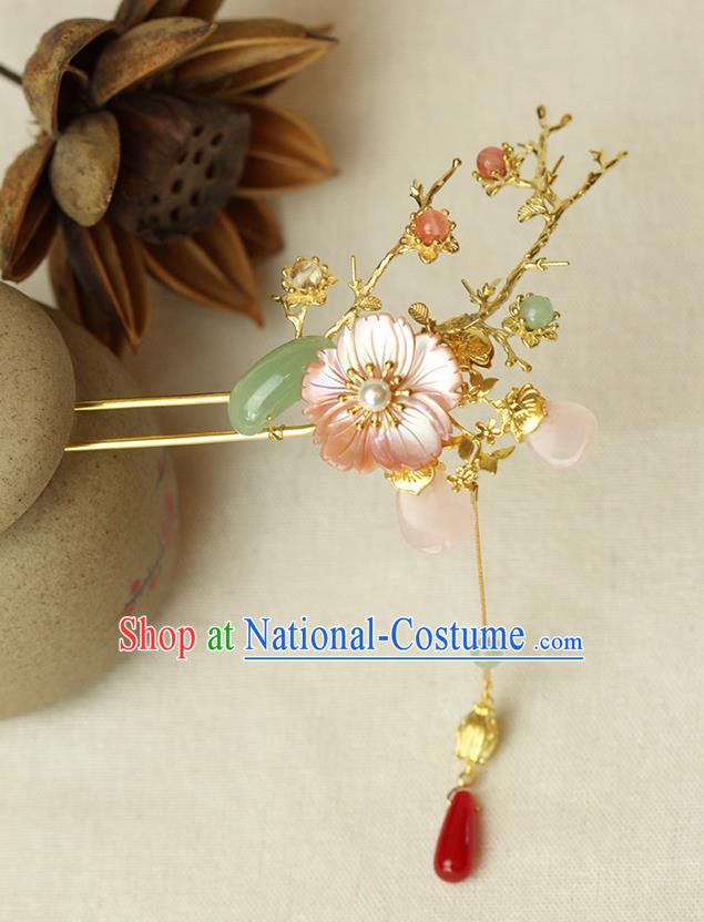 Chinese Ancient Style Hair Jewelry Accessories Wedding Barrettes Tassel Pink Shell Hairpins, Hanfu Xiuhe Suits Step Shake Bride Handmade Hairpins for Women