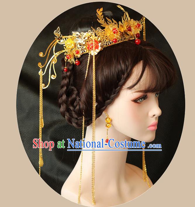 Chinese Ancient Style Hair Jewelry Accessories Wedding Hairpins, Hanfu Xiuhe Suits Bride Imperial Empress Handmade Phoenix Coronet Complete Set for Women