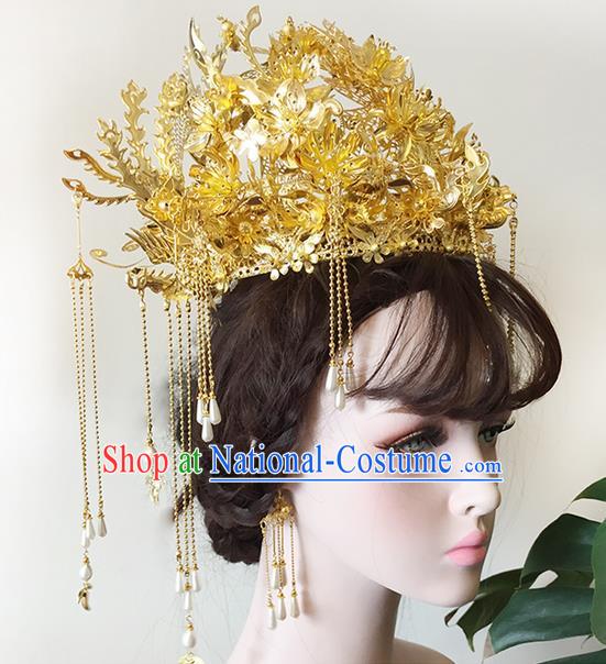 Chinese Ancient Style Hair Jewelry Accessories Wedding White Pearls Tassel Hairpins, Hanfu Xiuhe Suits Step Shake Bride Handmade Phoenix Coronet Hair Fascinators for Women