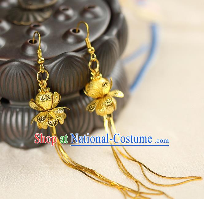 Chinese Ancient Style Hair Jewelry Accessories Wedding Golden Lotus Earrings, Hanfu Xiuhe Suits Bride Handmade Eardrop for Women