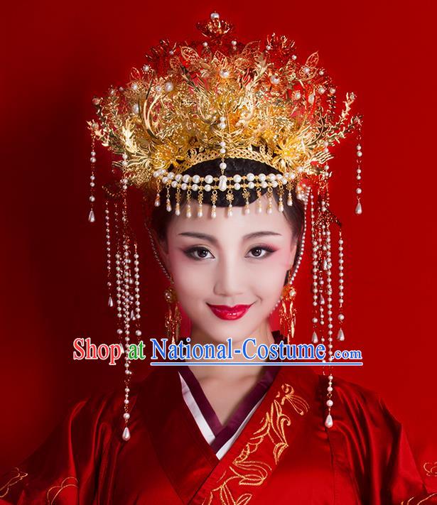 Asian Chinese Ancient Style Hair Jewelry Accessories Wedding Headwear, Hanfu Xiuhe Suits Bride Handmade White Prerls Tassel Phoenix Coronet for Women